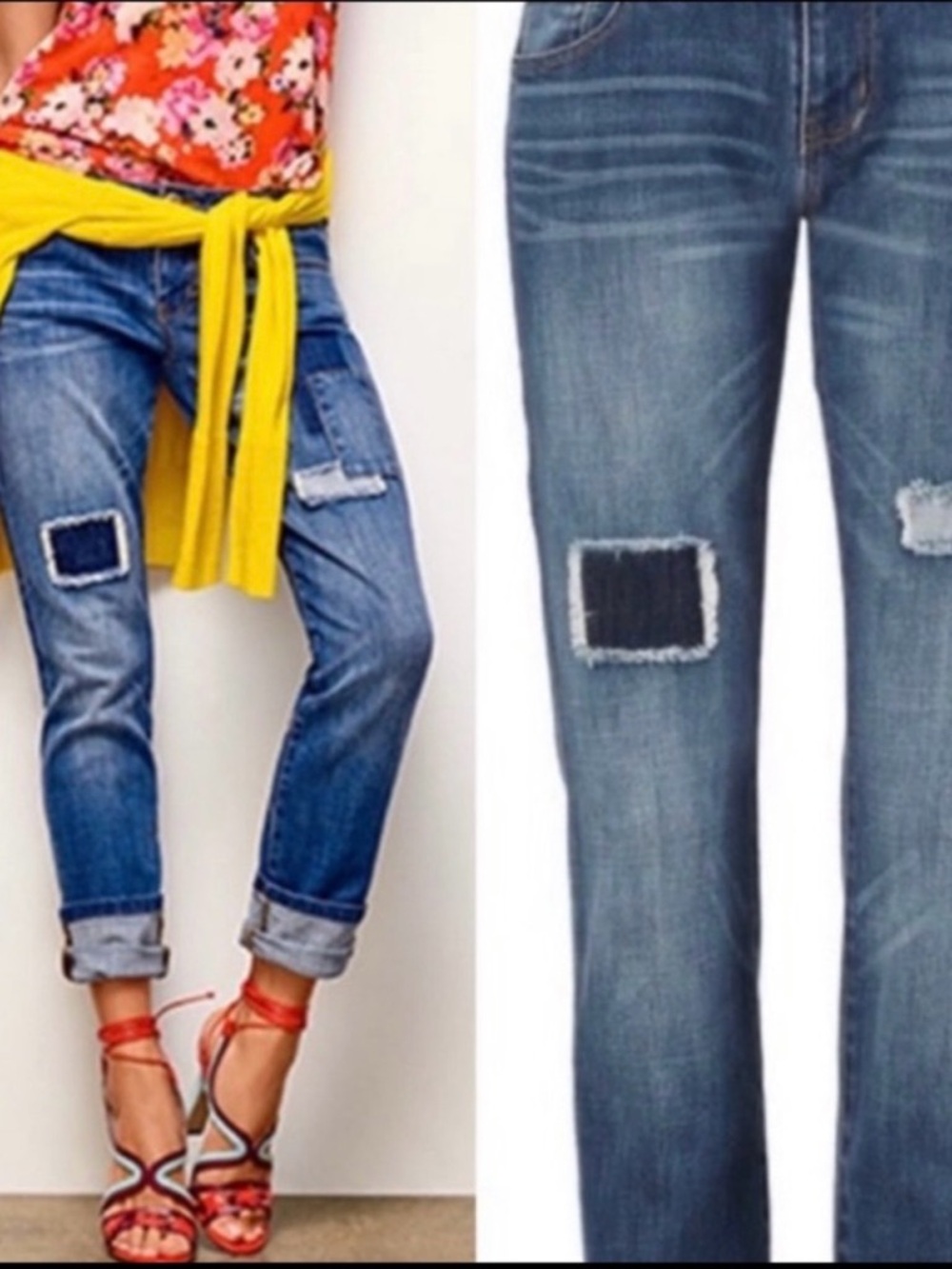 CAbi Slim Boyfriend Patchwork Jeans - Blue with Dark Patch Accents Sz 10 #5308